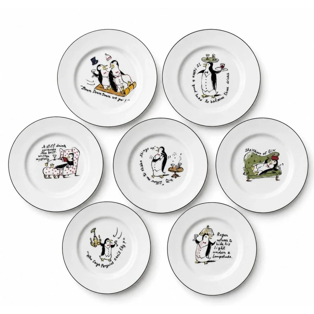 Vintage Pottery Barn Tipsy Penguins Plates Set of 7 Cocktail Dessert Japan